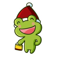 Cute and funny frog wearing Santa's hat walking and bring gift for christmas - vector.