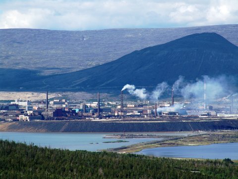 Russia: Metallurgical plant on Kola Peninsula,  view from mountains