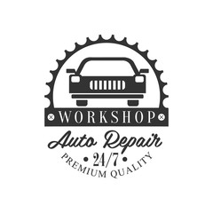 Auto Repair Workshop Black And White Label Design Template With Car Silhouette