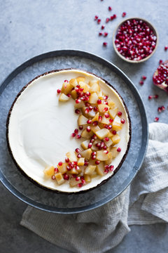 Chocolate Crusted Ch&egrave;vre Cheesecake with Earl Grey Poached Pear