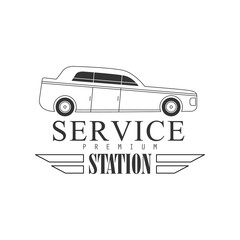 Fototapeta premium Repair Workshop Station Black And White Label Design Template With Car Silhouette