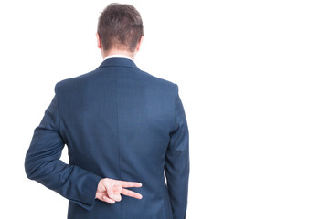 Back view of business man showing peace gesture