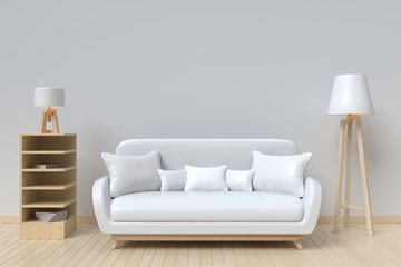 The interior has a White sofa and lamp on empty white wall background,3D rendering