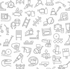 Construction equipment and tools, seamless background, white, contour. Vector background with images of equipment for construction and repair. Gray, linear pictures on a white field. 