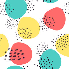 Abstract vector seamless pattern - childish style minimalistic design with geometric shapes, sketched lines. Hand drawn cute illustration