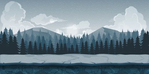 Background for games apps or mobile development. Cartoon nature landscape with forest and mountains. Vector illustration  your design