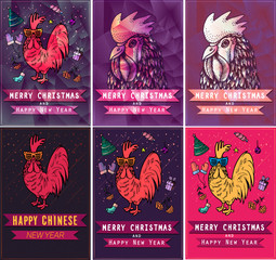 set of cards for the holidays with rooster in the hand drawn style . Illustration bright elements. © 2dvill