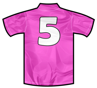 Number 5 five pink sport shirt as a soccer,hockey,basket,rugby, baseball, volley or football team t-shirt. For the goalkeeper or woman player