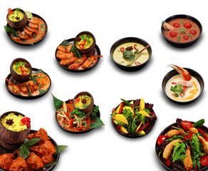 Seychelles cuisine set isolated. A lot of dishes with soups and salad and curry rice with meat.