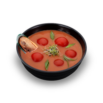 Seychelles cuisine. Tomatoe soup with seafoods isolated.