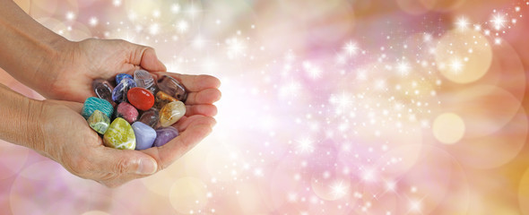Crystal Therapist Sparkling Website Banner - female crystal therapist holding and offering a ...