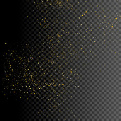 Sparkle greeting card background design. Glitter gold decoration on transparent. Golden shiny particles for celebration christmas or new year. Holiday festive confetti