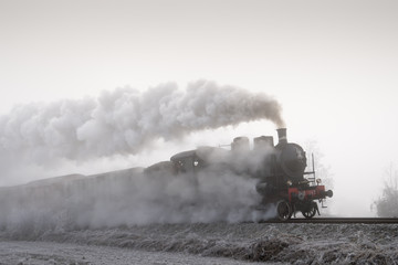 Obraz na płótnie Canvas Steam train running in the fog