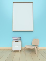 Cabinet on the wall with books and white picture frame,3D rendering
