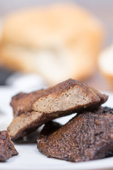Selective focus on fried pork liver