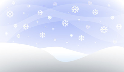 Winter landscape vector. Minimal scenery with hills, snow flakes falling and blue sky on a cold day