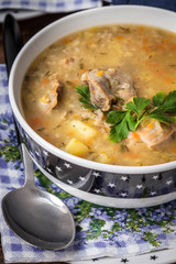 Soup with barley and chicken gizzards.