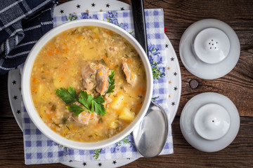 Soup with barley and chicken gizzards.