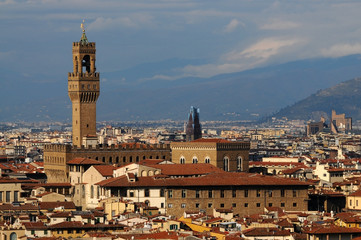 Fototapeta na wymiar Palazzo Vecchio on piazza della Signora in the morning as seen from Piazzale Michelangelo. Florence, Italy.