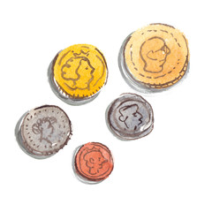 Five simple imaginary different sized coins painted in watercolor on clean white background