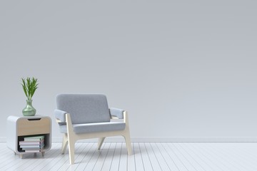 The interior has room a sofa and Cabinet book on empty white wall background,3D rendering