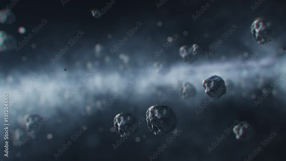 Poster 3d animation of asteroids flying through solar system towards the camera