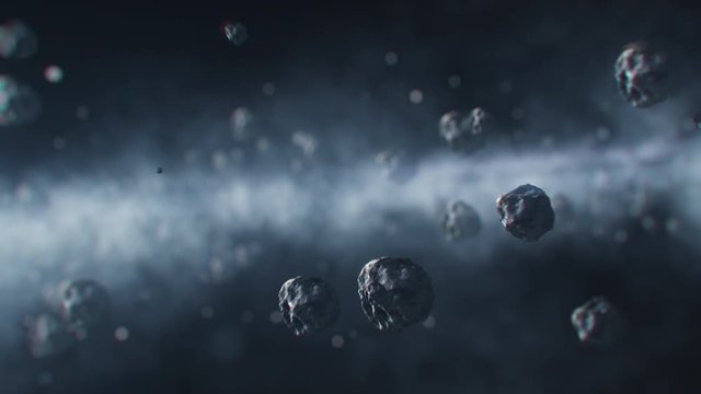 3D animation of asteroids flying through solar system towards the camera