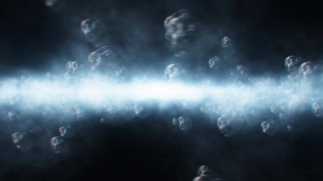 3D animation of asteroids flying through glowing milky way in solar system 