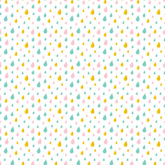 Cute little pink, mint green and gold water drops, rain seamless pattern background.