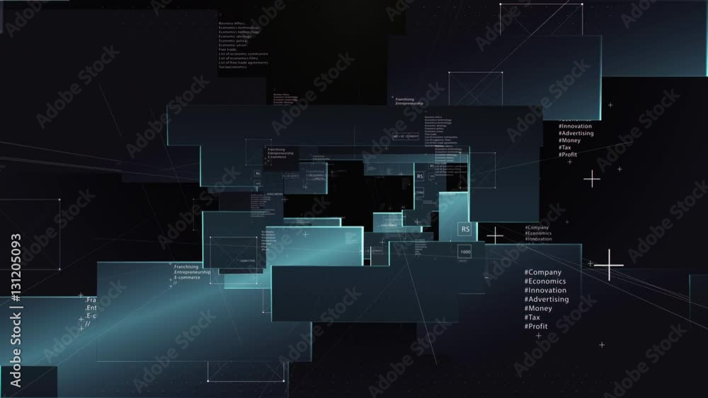 Poster zoom in of financial figures and signs animated on red background with geometric shapes