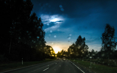 Sunset through car windscreen