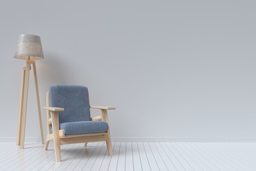 The interior has a sofa and lamp on empty white wall background,3D rendering