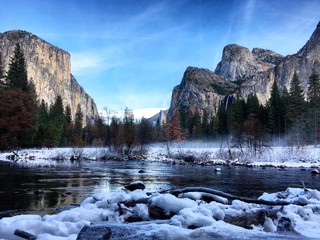 Yosemite with snow and fog