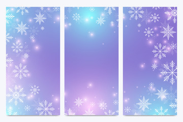 Modern Happy New Year set of vector flyers. Christmas background. Design templates with snowflakes. Invitation cards surface.