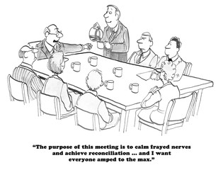 Black and white business illustration of amping businesspeople up on coffee so they can 'calm frayed nerves'.