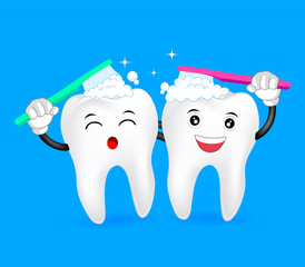 cute cartoon tooth character  brushing together. Great for dental health care concept. Illustration
