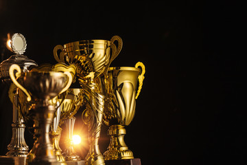 Group of the golden trophies in sparkling light on the dark background.