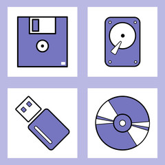 Evolution of Data Drive. Floppy Disk, Hard Disk, flash drive, CD Disk. Icon Set