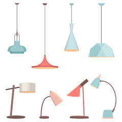 Lamps sign set for interior. Electricity floor lamp and table lamps concept. Home decoration object in flat style. Vector spotlight accessory