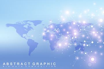 World map with global technology networking concept. Digital data visualization. Lines plexus. Big Data background communication. Scientific vector illustration.