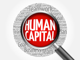 Human capital word cloud with magnifying glass, business concept 3D illustration