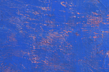 Scratches on blue and red colors surface. Acrylic on canvas. Rough brushstrokes.