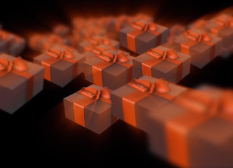 Christmas New Year colorful red and green gift boxes with bows of ribbons flying on black background. 3d illustration