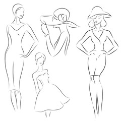 Fashion woman models, sketch. Black outlines, silhouettes.