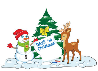 Card with snowman and baby deer looking at the sheet of advent calendar. Lettering Days til Christmas. Elements organized by groups.