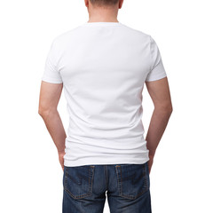 Obraz premium Man wearing blank t-shirt isolated. Tshirt design and people concept - close up of man in blank white t-shirt. For mock up template design. Back view