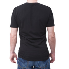 Man wearing blank bllack t-shirt isolated on white background with copy space. Tshirt design and people concept - close up of men in blank shirt. For mock up template design. Back view