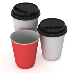 Disposable coffee cups. Blank paper mug. 3d render isolated on white background