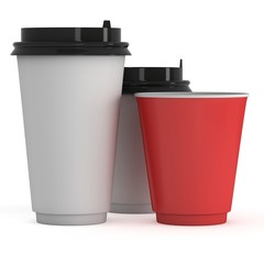 Disposable coffee cups. Blank paper mug. 3d render isolated on white background