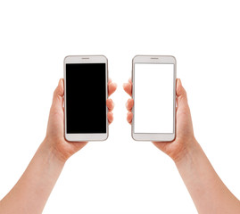Woman hand holding the white smartphone isolated.